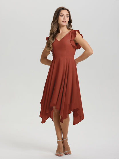Ruffle Sleeves V-neck Asymmetrical Tea Length Chiffon Bridesmaid Dresses