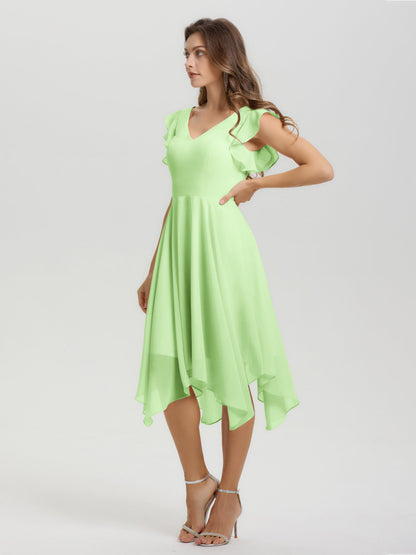 Ruffle Sleeves V-neck Asymmetrical Tea Length Chiffon Bridesmaid Dresses