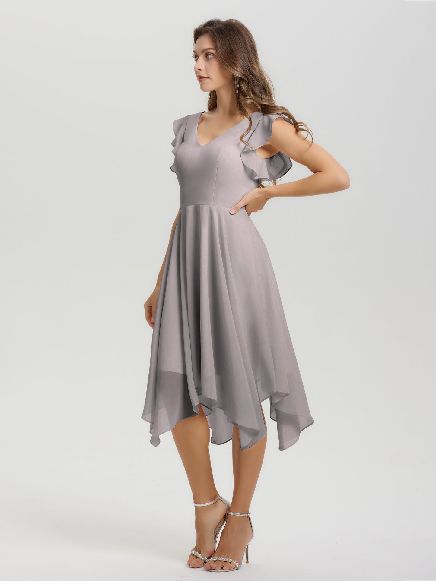 Ruffle Sleeves V-neck Asymmetrical Tea Length Chiffon Bridesmaid Dresses