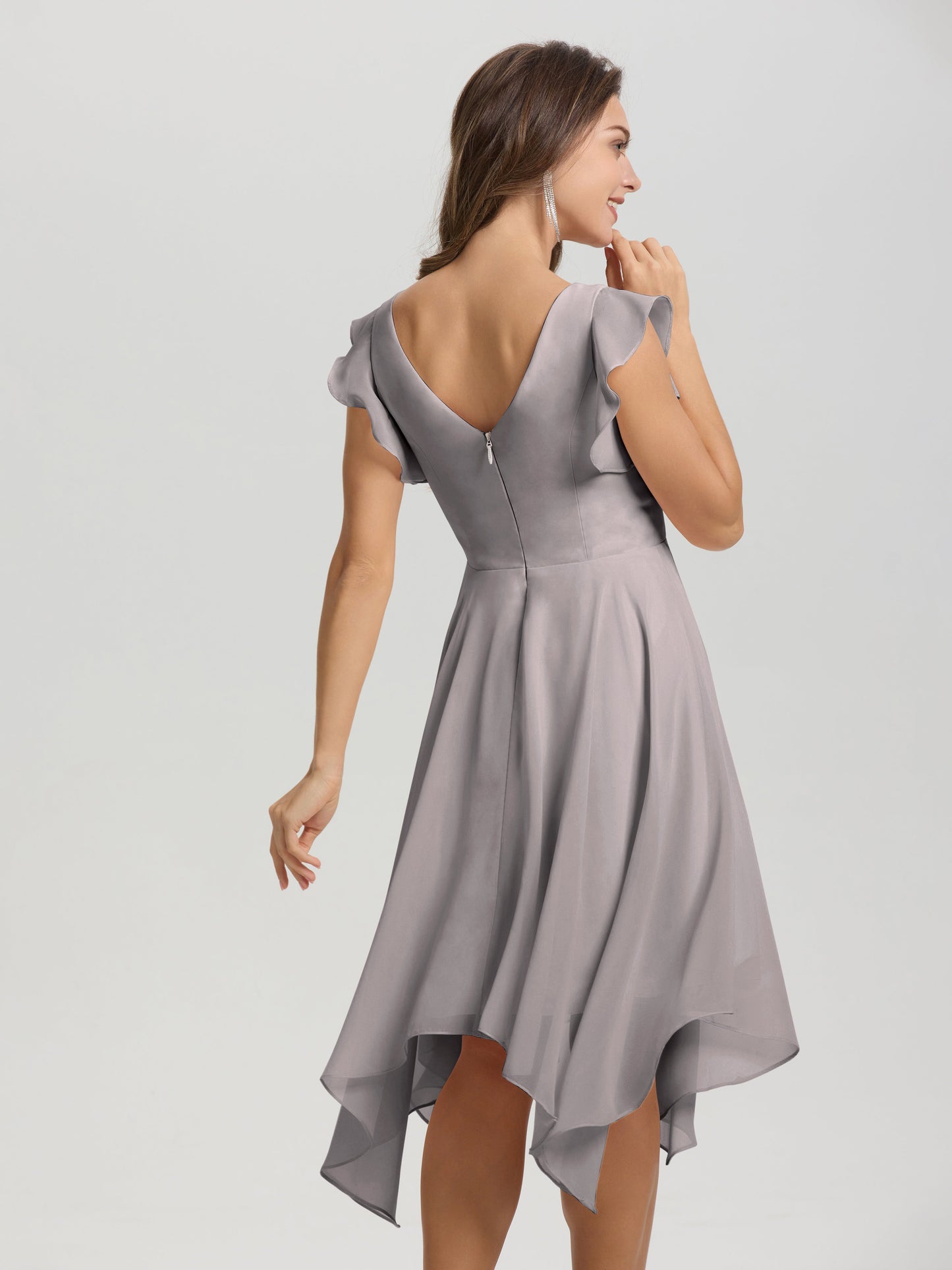 Ruffle Sleeves V-neck Asymmetrical Tea Length Chiffon Bridesmaid Dresses