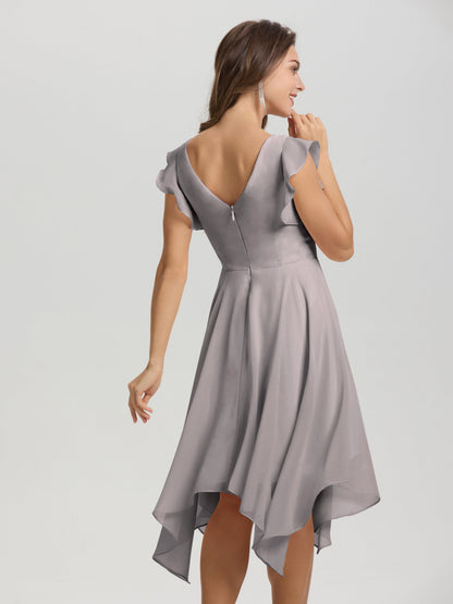 Ruffle Sleeves V-neck Asymmetrical Tea Length Chiffon Bridesmaid Dresses