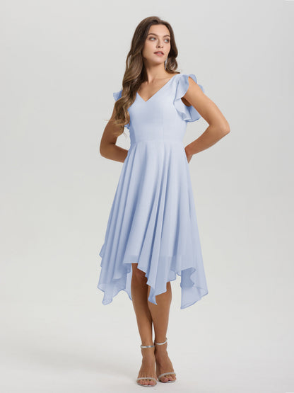 Ruffle Sleeves V-neck Asymmetrical Tea Length Chiffon Bridesmaid Dresses