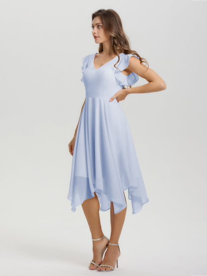 Ruffle Sleeves V-neck Asymmetrical Tea Length Chiffon Bridesmaid Dresses