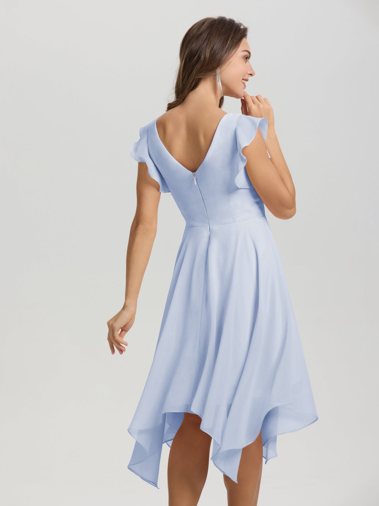 Ruffle Sleeves V-neck Asymmetrical Tea Length Chiffon Bridesmaid Dresses