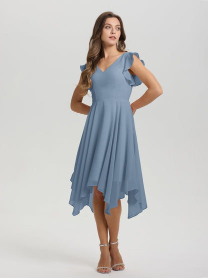 Ruffle Sleeves V-neck Asymmetrical Tea Length Chiffon Bridesmaid Dresses