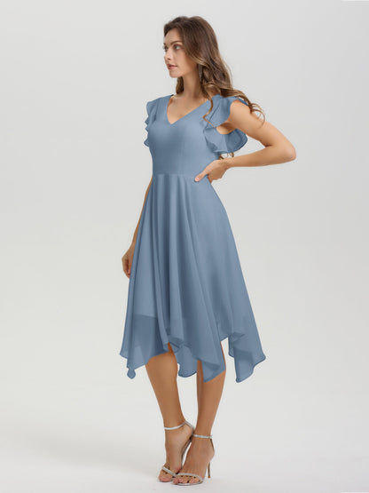 Ruffle Sleeves V-neck Asymmetrical Tea Length Chiffon Bridesmaid Dresses