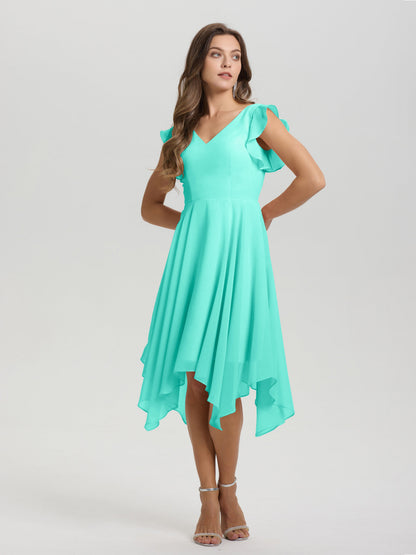 Ruffle Sleeves V-neck Asymmetrical Tea Length Chiffon Bridesmaid Dresses