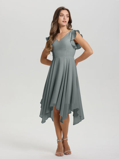 Ruffle Sleeves V-neck Asymmetrical Tea Length Chiffon Bridesmaid Dresses