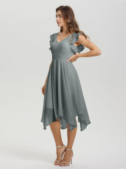 Ruffle Sleeves V-neck Asymmetrical Tea Length Chiffon Bridesmaid Dresses