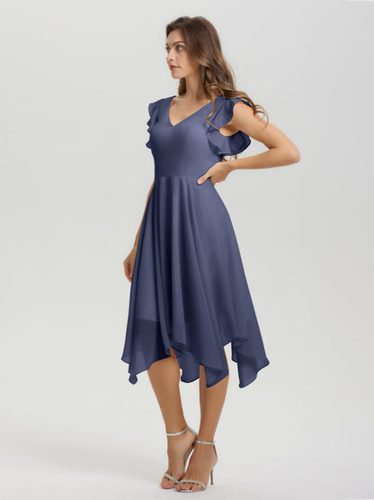 Ruffle Sleeves V-neck Asymmetrical Tea Length Chiffon Bridesmaid Dresses