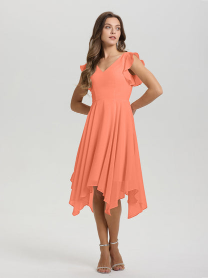 Ruffle Sleeves V-neck Asymmetrical Tea Length Chiffon Bridesmaid Dresses