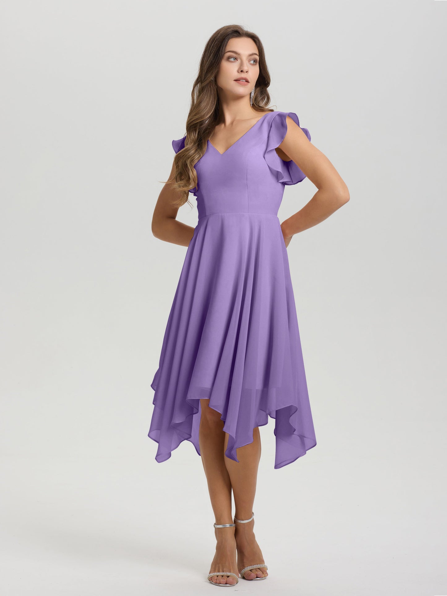 Ruffle Sleeves V-neck Asymmetrical Tea Length Chiffon Bridesmaid Dresses