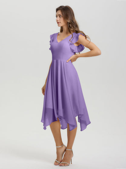 Ruffle Sleeves V-neck Asymmetrical Tea Length Chiffon Bridesmaid Dresses