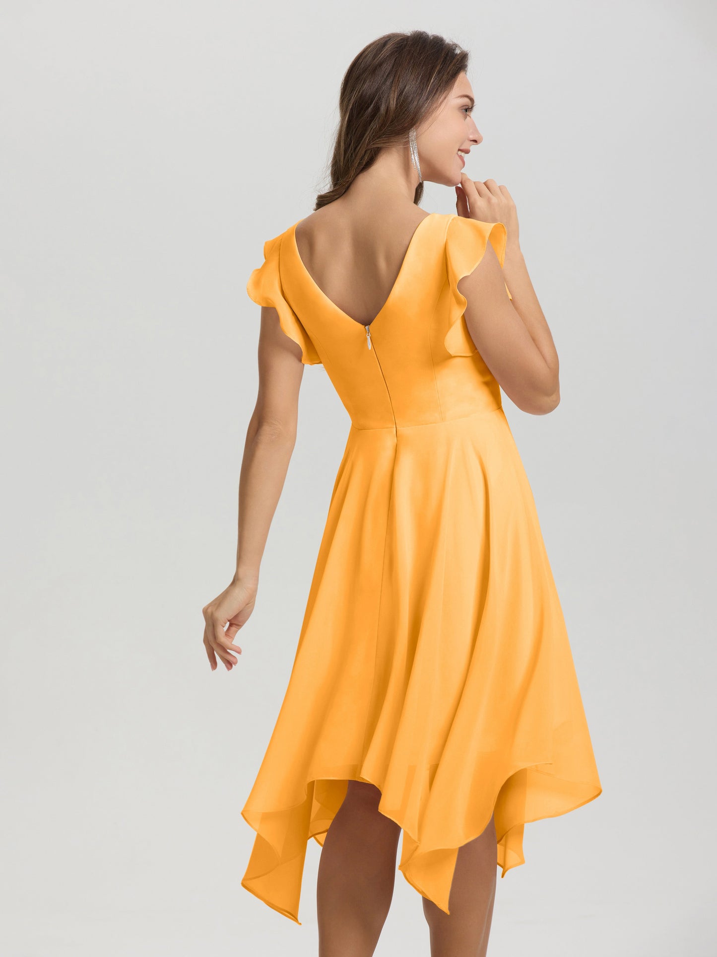 Ruffle Sleeves V-neck Asymmetrical Tea Length Chiffon Bridesmaid Dresses