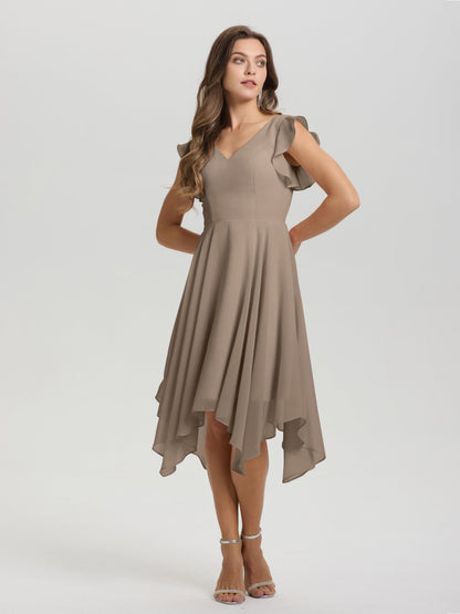 Ruffle Sleeves V-neck Asymmetrical Tea Length Chiffon Bridesmaid Dresses