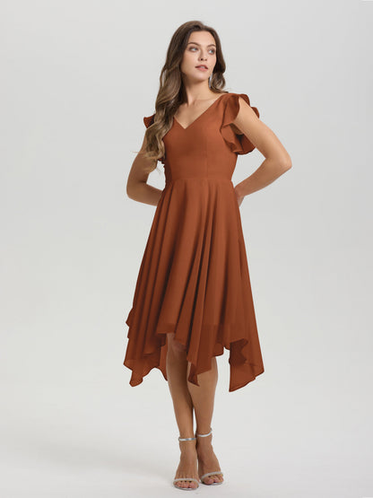 Ruffle Sleeves V-neck Asymmetrical Tea Length Chiffon Bridesmaid Dresses