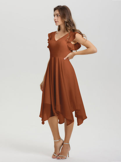 Ruffle Sleeves V-neck Asymmetrical Tea Length Chiffon Bridesmaid Dresses