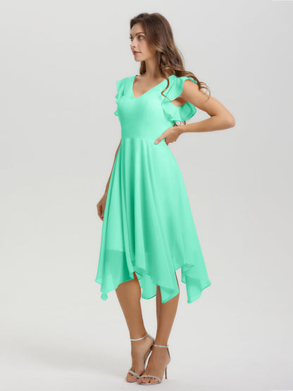 Ruffle Sleeves V-neck Asymmetrical Tea Length Chiffon Bridesmaid Dresses