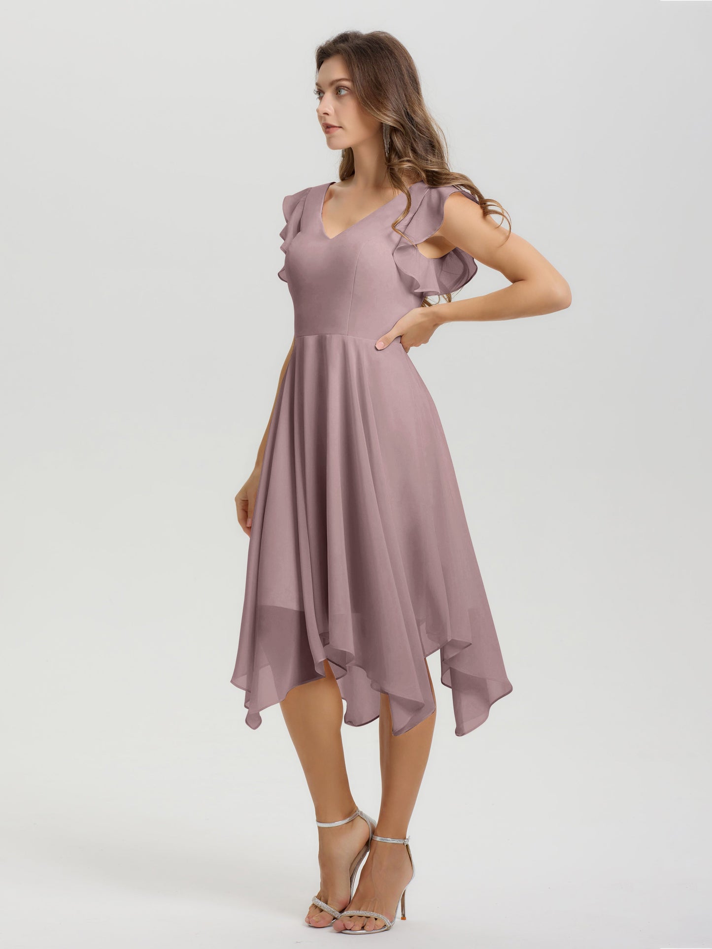 Ruffle Sleeves V-neck Asymmetrical Tea Length Chiffon Bridesmaid Dresses