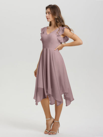Ruffle Sleeves V-neck Asymmetrical Tea Length Chiffon Bridesmaid Dresses