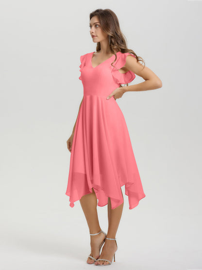 Ruffle Sleeves V-neck Asymmetrical Tea Length Chiffon Bridesmaid Dresses