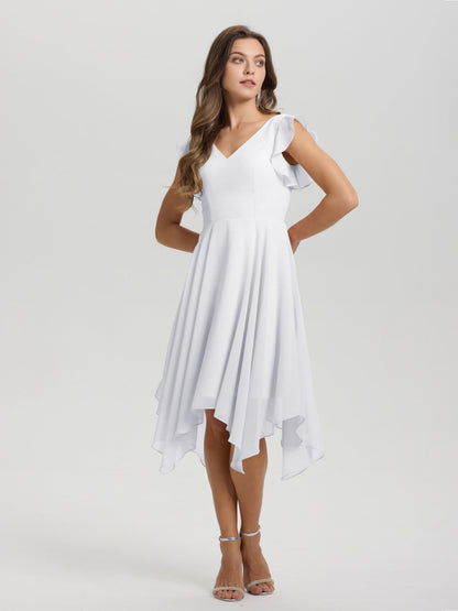 Ruffle Sleeves V-neck Asymmetrical Tea Length Chiffon Bridesmaid Dresses