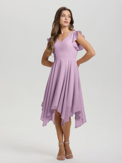 Ruffle Sleeves V-neck Asymmetrical Tea Length Chiffon Bridesmaid Dresses