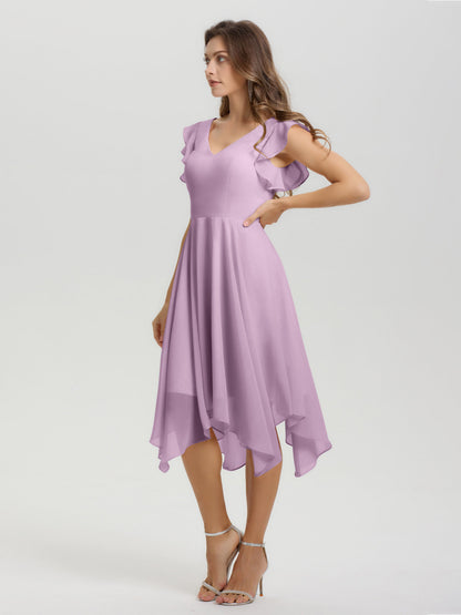 Ruffle Sleeves V-neck Asymmetrical Tea Length Chiffon Bridesmaid Dresses