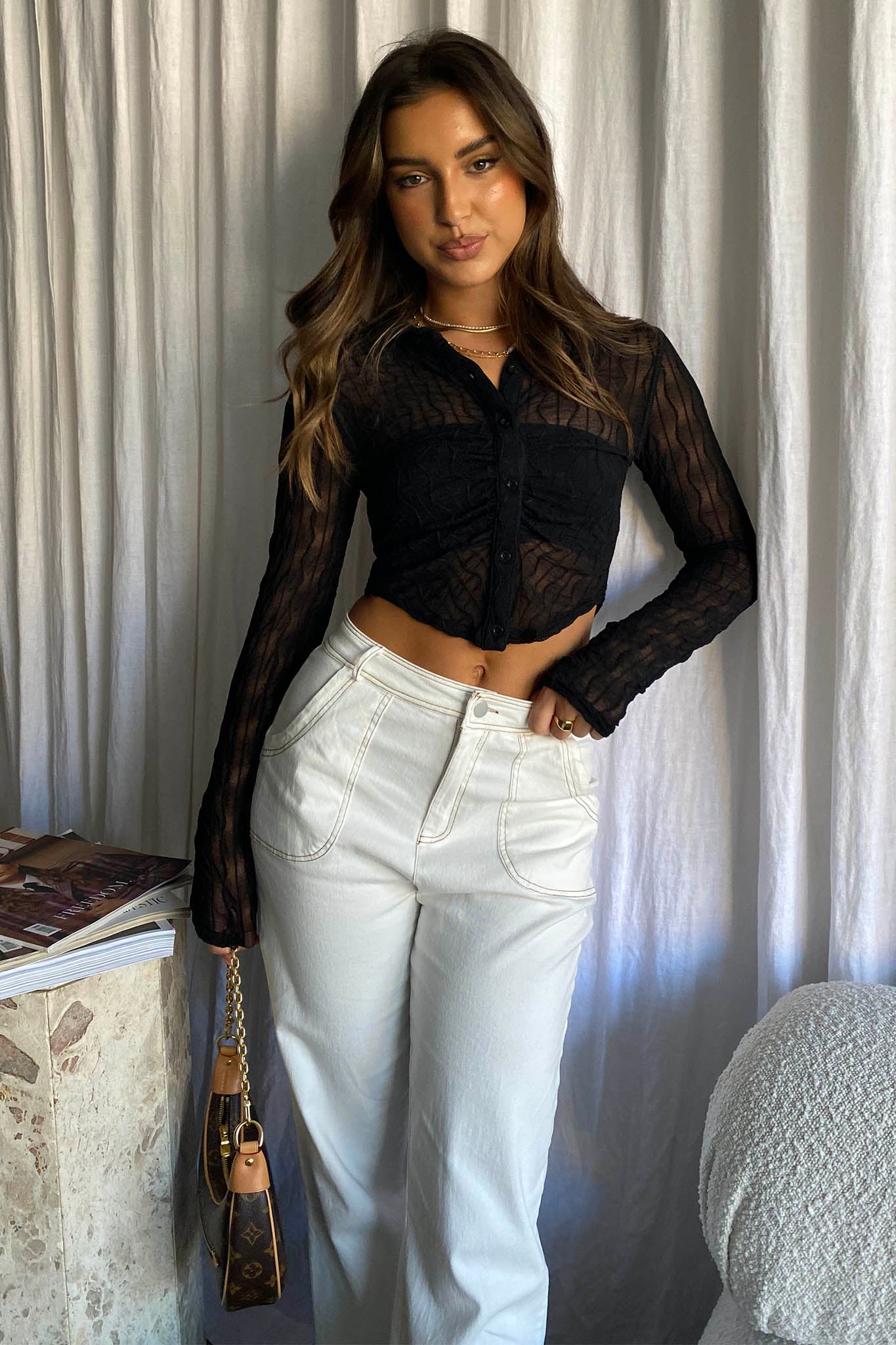 Jolita Sheer Buttoned Crop Top Black