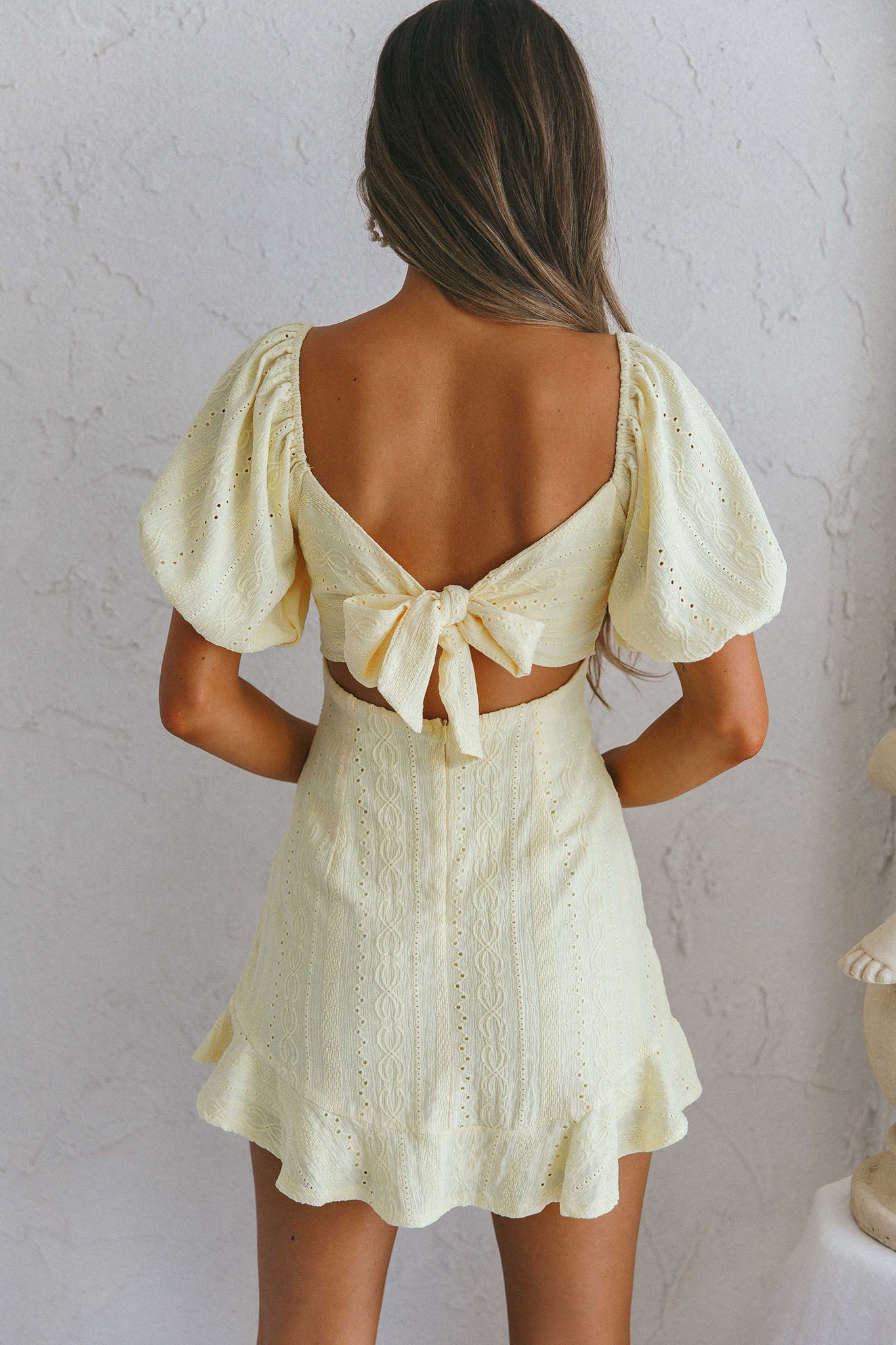 Mikayla Puff Sleeve Tied Back Eyelet Embroidery Dress Yellow