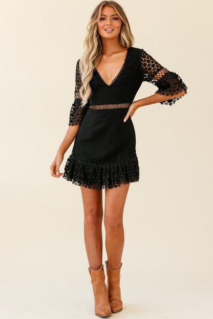 Believe It Crochet Detail Fluted Hem Dress Black