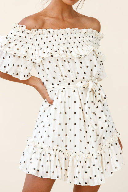 Rita Shirred Off-Shoulder Dress Polka Dot Print White