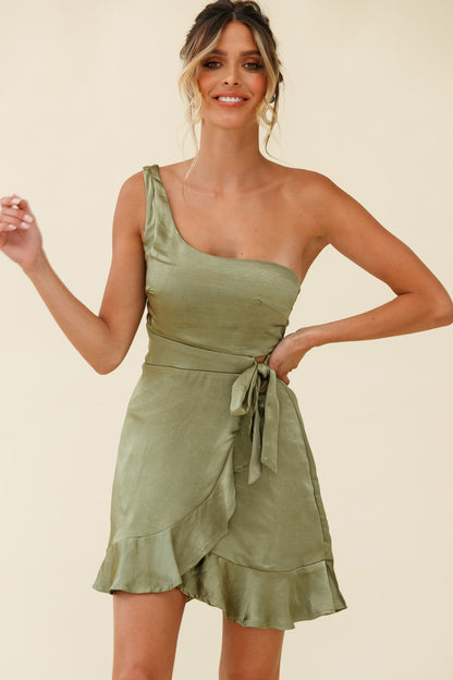 Waiting For Tonight One Shoulder Faux Wrap Dress Olive