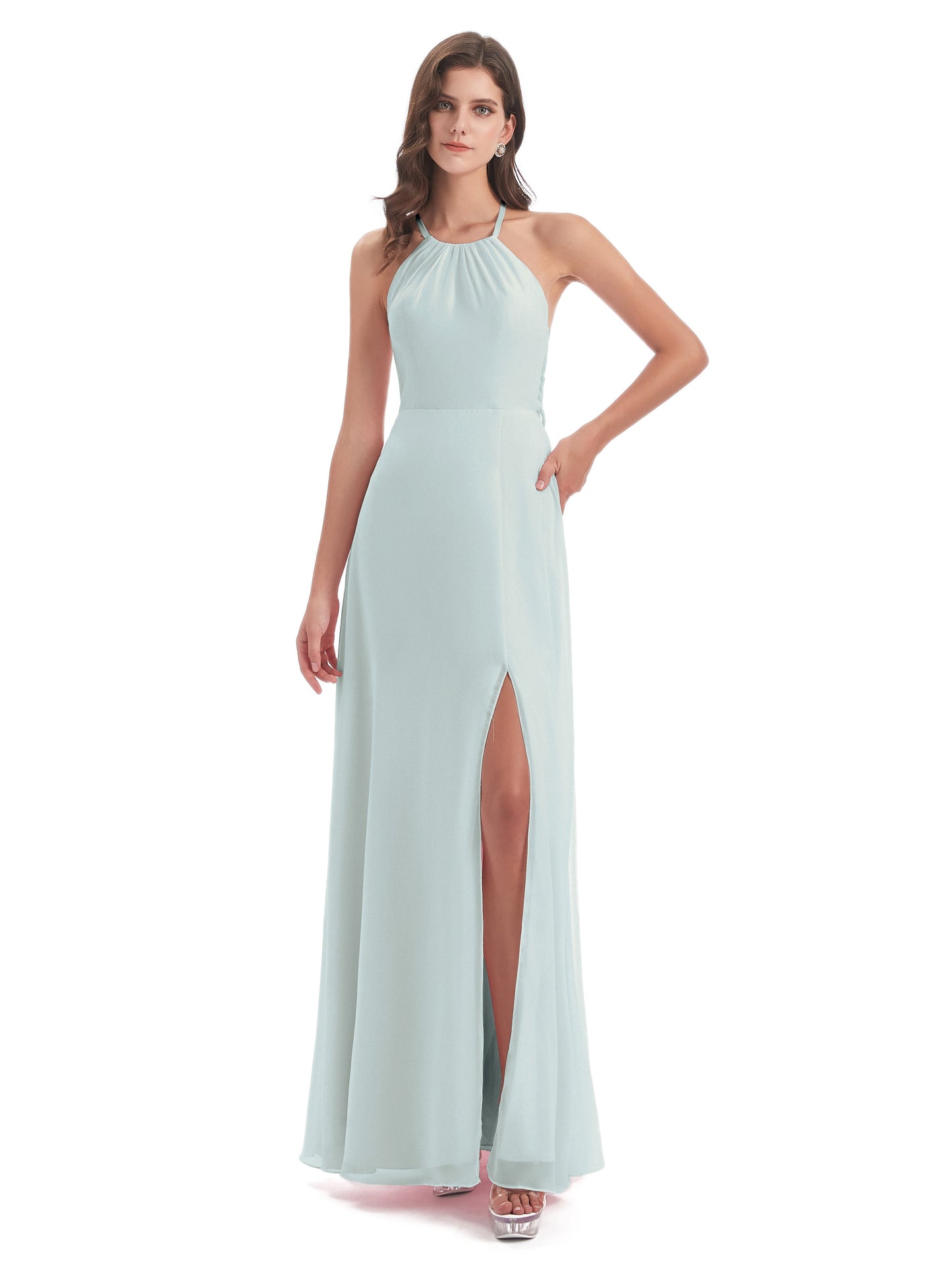 Samira Sheath Floor Length Halter Split Chiffon Bridesmaid Dresses