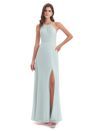 Samira Sheath Floor Length Halter Split Chiffon Bridesmaid Dresses