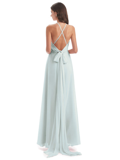 Samira Sheath Floor Length Halter Split Chiffon Bridesmaid Dresses