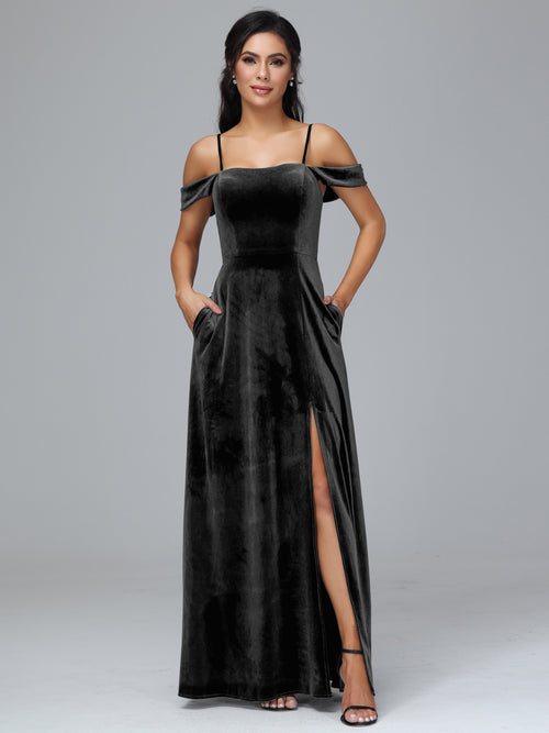 Spaghetti Straps Off Shoulder Velvet Bridesmaid Dress With Slit