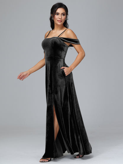 Spaghetti Straps Off Shoulder Velvet Bridesmaid Dress With Slit