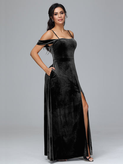 Spaghetti Straps Off Shoulder Velvet Bridesmaid Dress With Slit