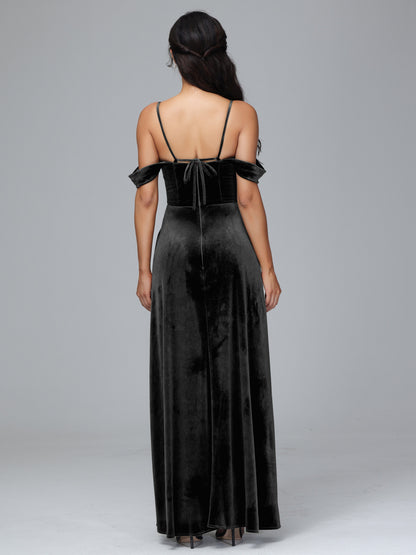 Spaghetti Straps Off Shoulder Velvet Bridesmaid Dress With Slit