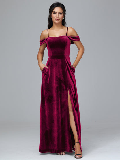 Spaghetti Straps Off Shoulder Velvet Bridesmaid Dress With Slit