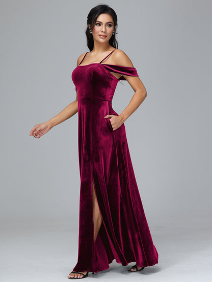 Spaghetti Straps Off Shoulder Velvet Bridesmaid Dress With Slit