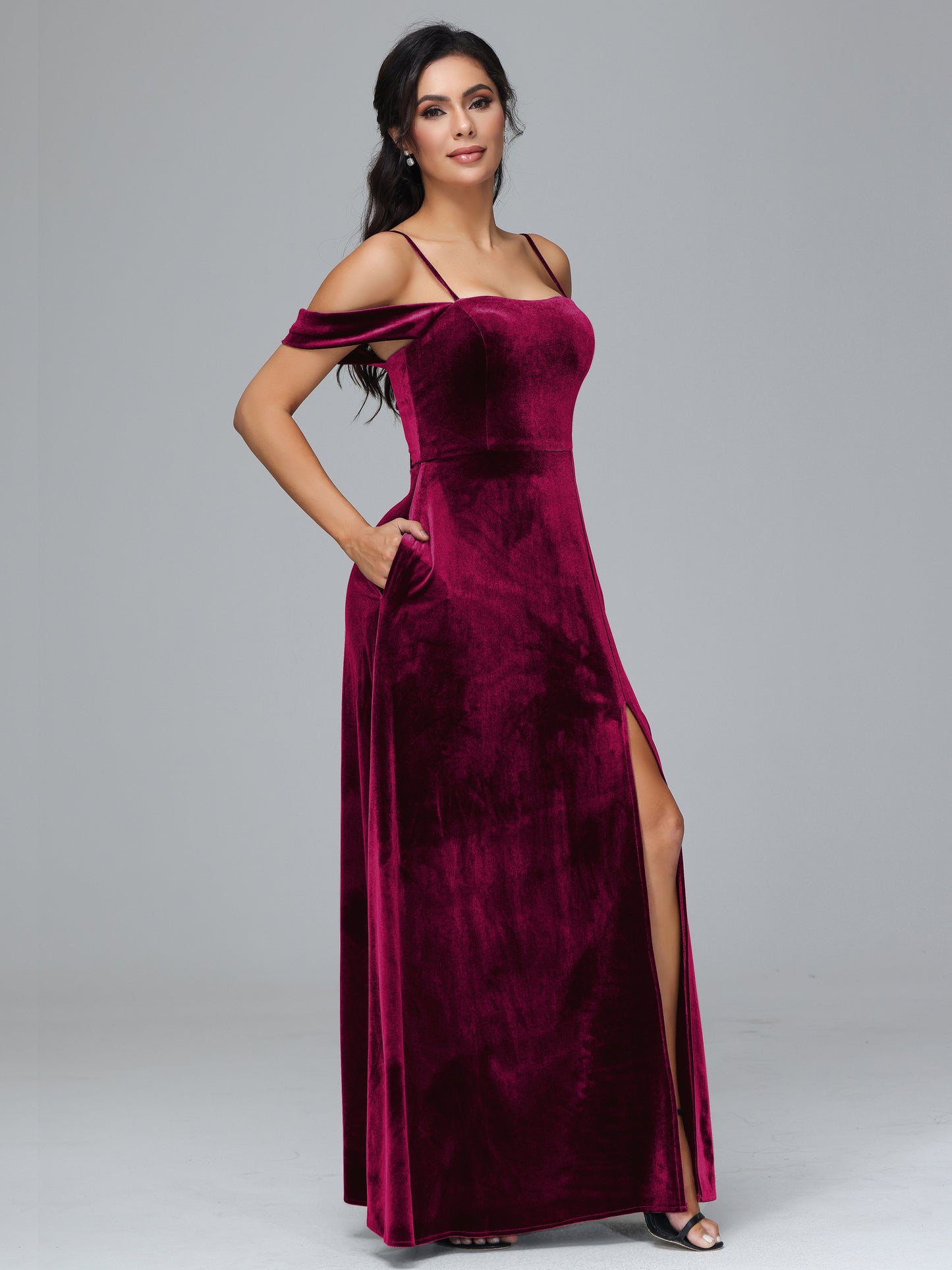 Spaghetti Straps Off Shoulder Velvet Bridesmaid Dress With Slit