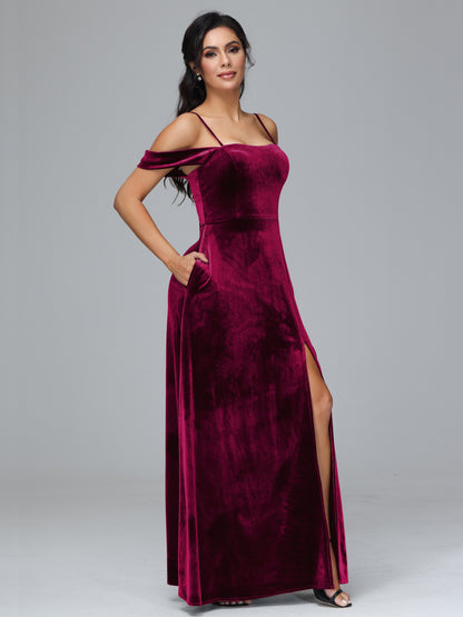 Spaghetti Straps Off Shoulder Velvet Bridesmaid Dress With Slit