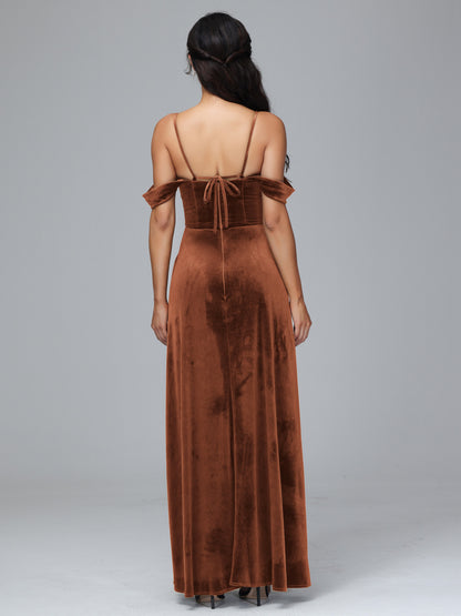 Spaghetti Straps Off Shoulder Velvet Bridesmaid Dress With Slit