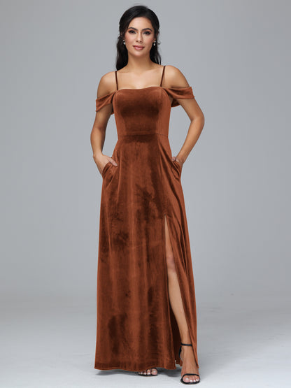 Spaghetti Straps Off Shoulder Velvet Bridesmaid Dress With Slit
