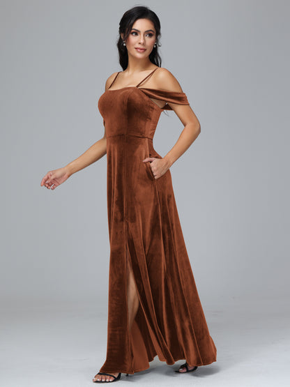 Spaghetti Straps Off Shoulder Velvet Bridesmaid Dress With Slit
