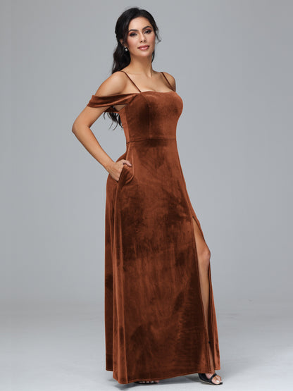 Spaghetti Straps Off Shoulder Velvet Bridesmaid Dress With Slit