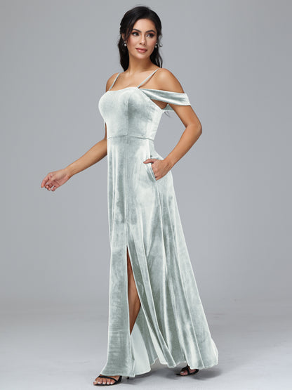 Spaghetti Straps Off Shoulder Velvet Bridesmaid Dress With Slit