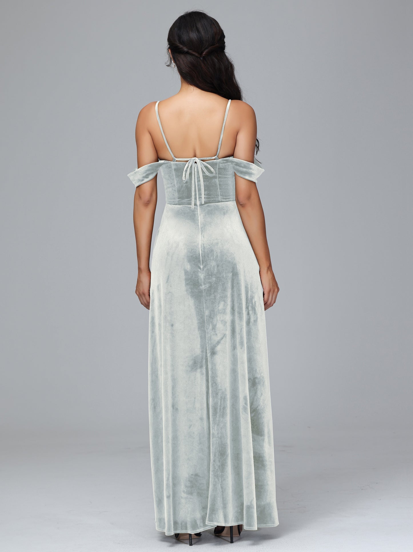 Spaghetti Straps Off Shoulder Velvet Bridesmaid Dress With Slit